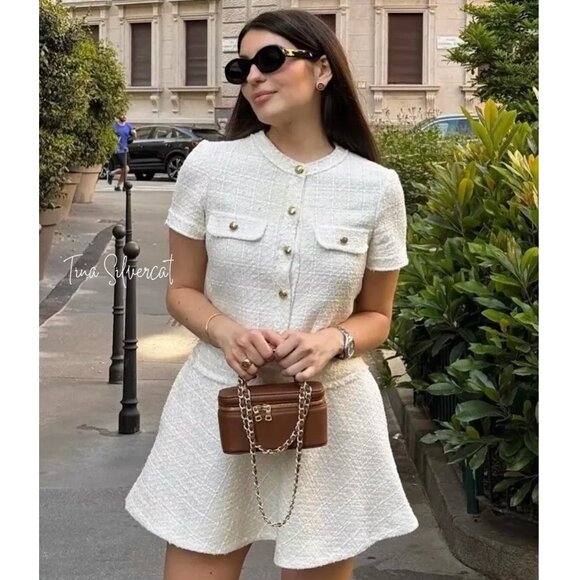 BLOGGER'S FAVE! Zara Chanel-like Tweed Mini Dress With Buttons Ecru NWT - Picture 7 of 16